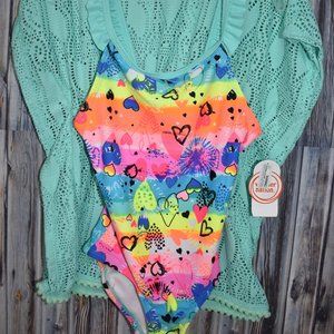 1pc Girls XS Swimsuit w/ Cover Up Top Rainbow New